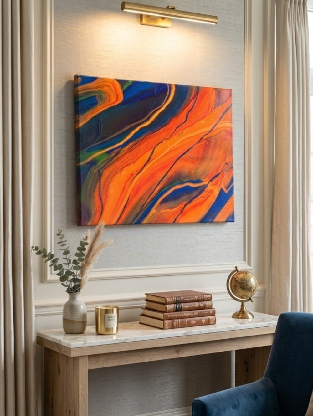 Fluid Art Artisan Handmade Acrylic painting 18"×24" Orange Red Yellow Blue Green